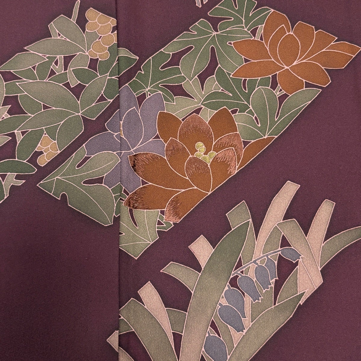 付下げ 身丈161.5cm 裄丈64cm M 袷 草花 刺繍 小豆色 正絹 秀品 一つ紋