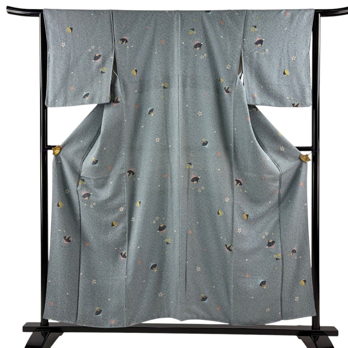 美品】 小紋 身丈155cm 裄丈65.5cm M 袷 桜 色紙 金彩 青灰色 正絹 秀
