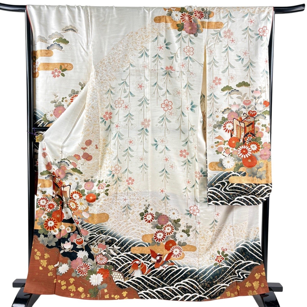 振袖 身丈164cm 裄丈68cm L 袷 御所車 菊 金糸 金彩 クリーム 正絹 秀