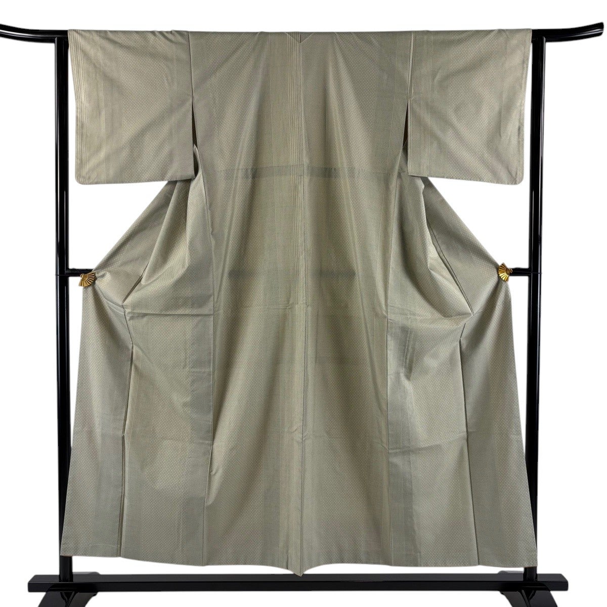美品】 紬 身丈155cm 裄丈63cm S 袷 幾何学模様 灰緑 正絹 秀品｜中古