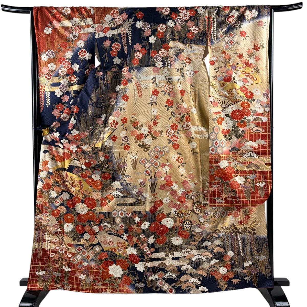 【振袖フルセット】身丈166cm 裄丈68.5cm 桜 霞 箔 金彩 青緑 振袖 身丈159cm 裄丈67cm M 袷 ますいわ屋 御所車 草花 金彩 金糸 濃紺