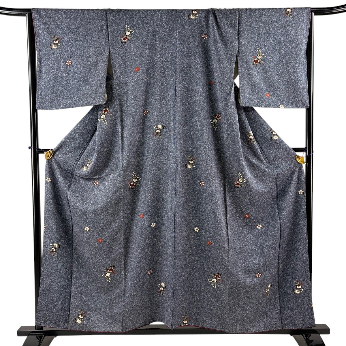 小紋 身丈163cm 裄丈65cm M 袷 七宝 草花 金彩 灰色 正絹 秀品｜中古
