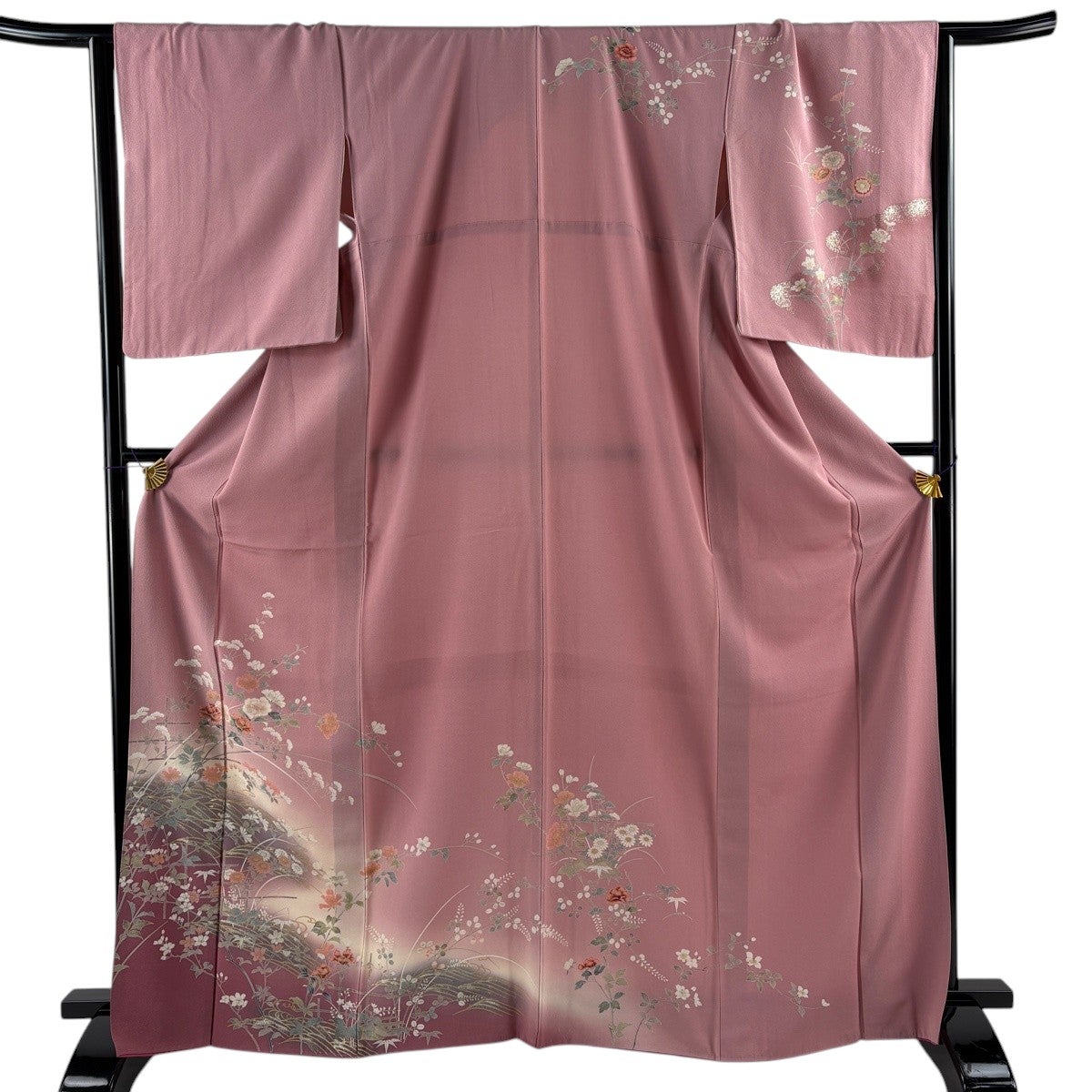 訪問着 身丈166.5cm 裄丈65.5cm M 袷 草花 波 金銀彩 ぼかし ピンク