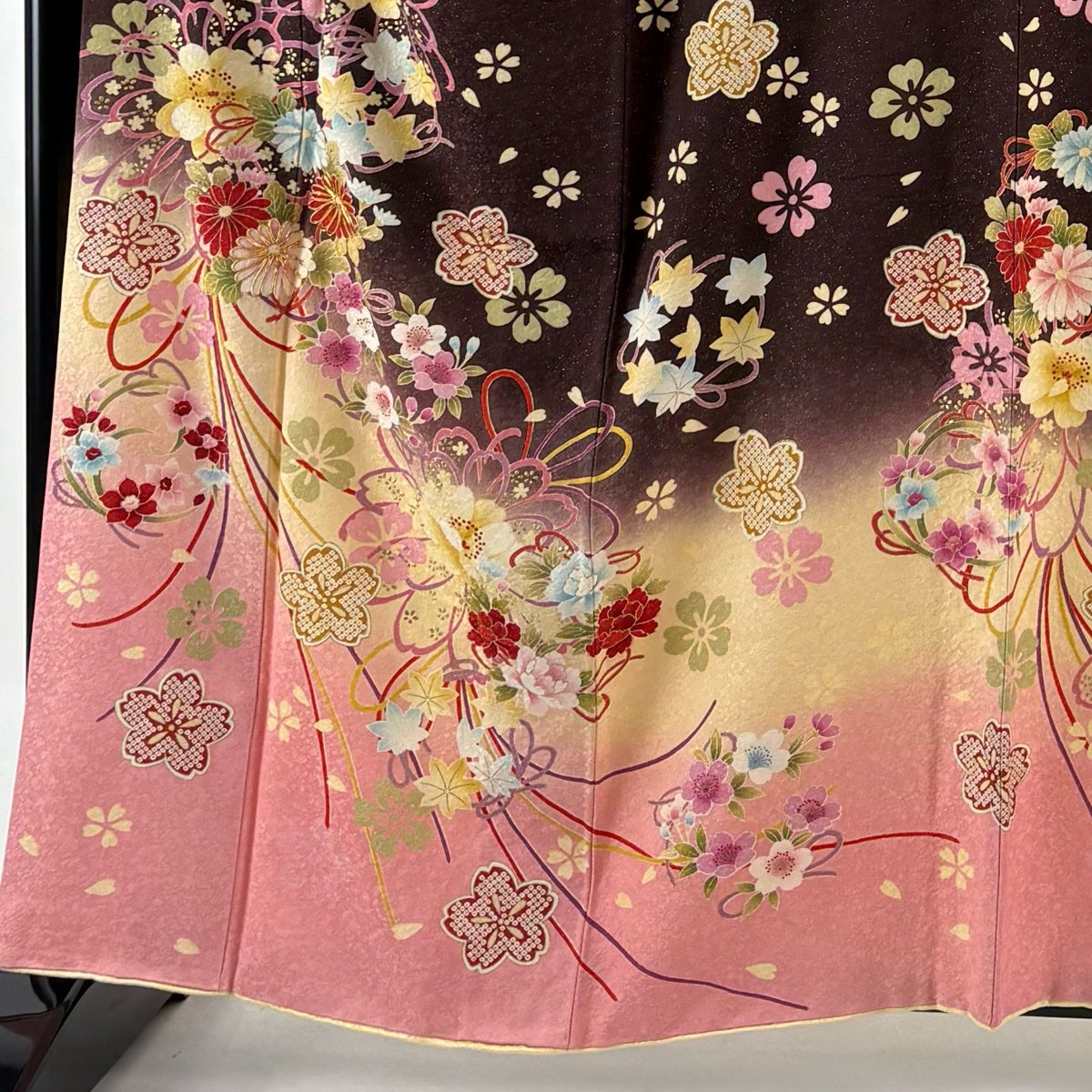 振袖 身丈159.5cm 裄丈67cm M 袷 くす玉 菊 金糸 銀通し 茶紫 正絹