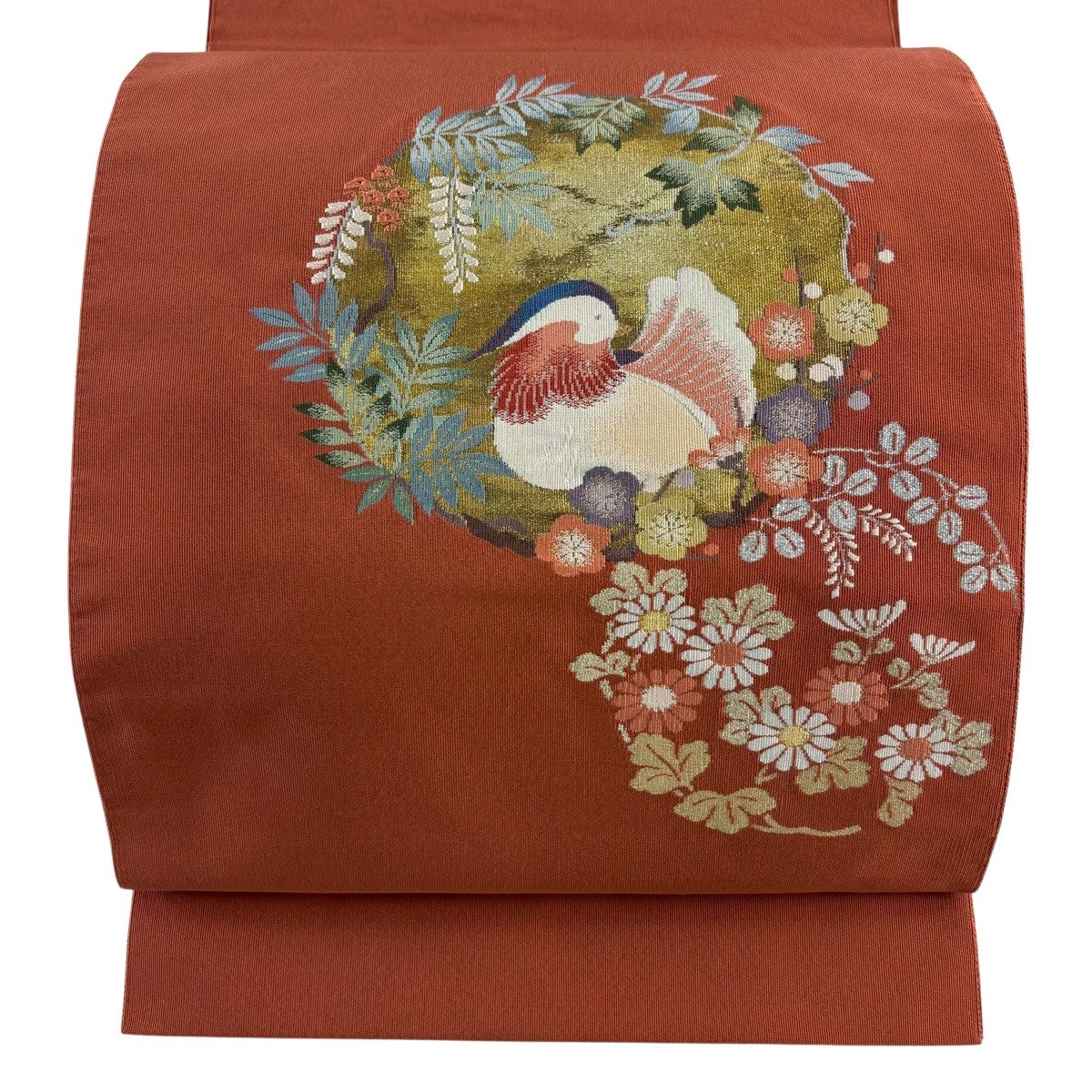 紬八寸名古屋帯（丸に花文）正絹美品 美品】 袋名古屋帯 秀品 八寸名古屋帯 花丸文 鴛鴦 金銀糸 朱色 正絹