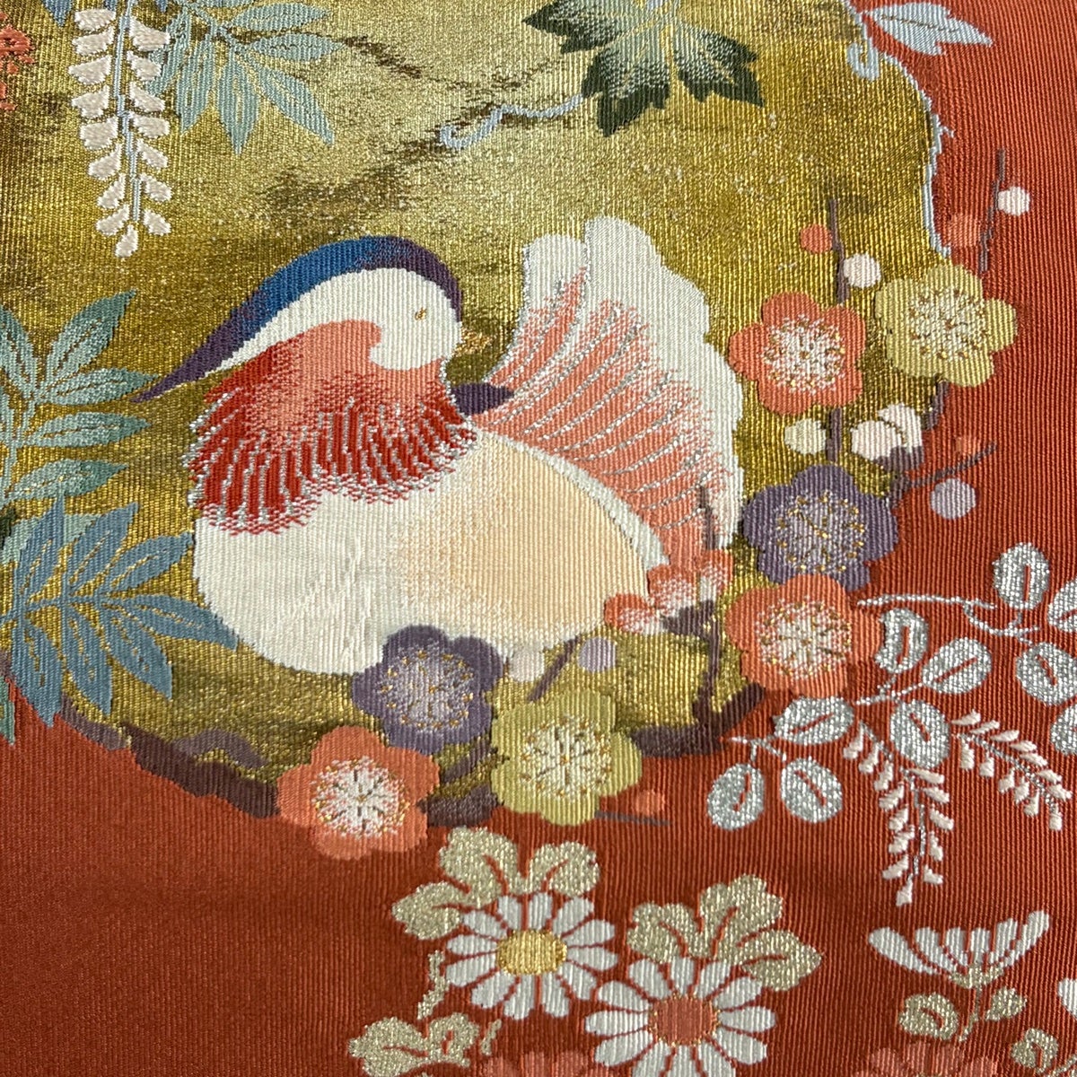 美品】 袋名古屋帯 秀品 八寸名古屋帯 花丸文 鴛鴦 金銀糸 朱色 正絹