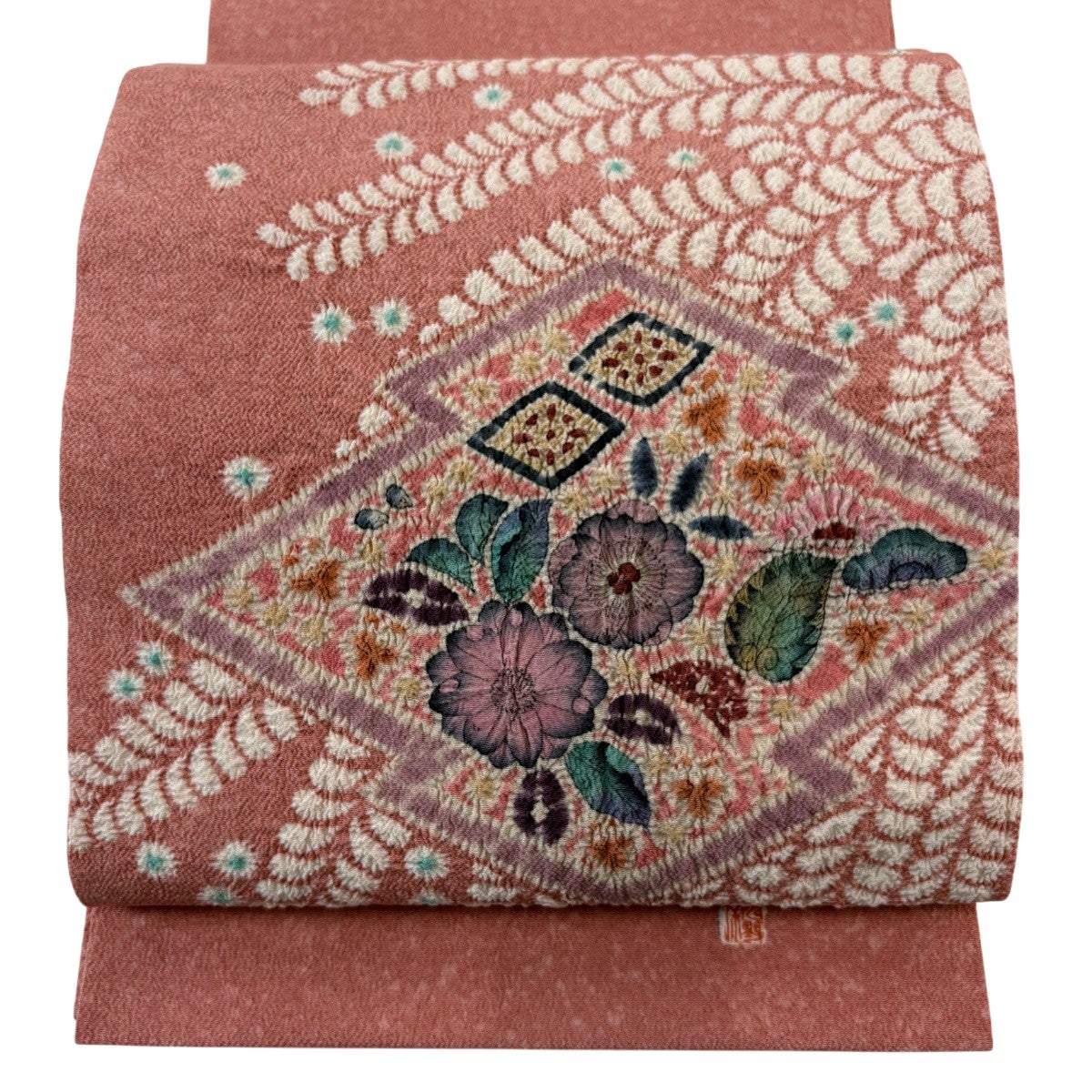 美品】 開き名古屋帯 秀品 色紙 葉と実 金彩 縮緬 山吹茶色 正絹｜中古