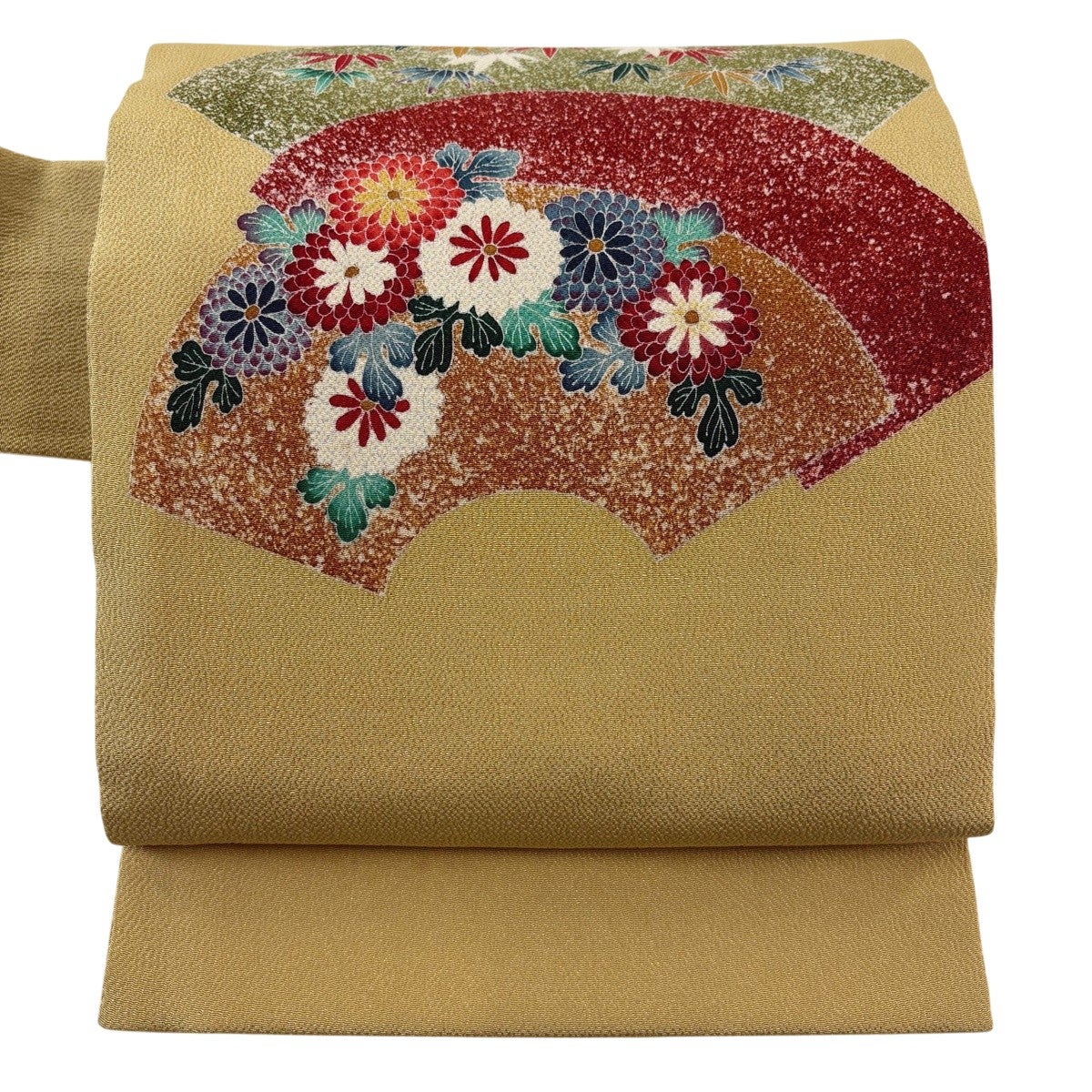 美品】 名古屋帯 逸品 落款あり 鶴見保次 扇面 菊 縮緬 からし色 正絹