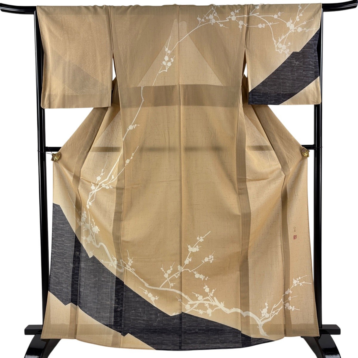 美品】 名古屋帯 秀品 落款あり 夏帯 夏紬地 草花 笹 灰白 正絹｜中古