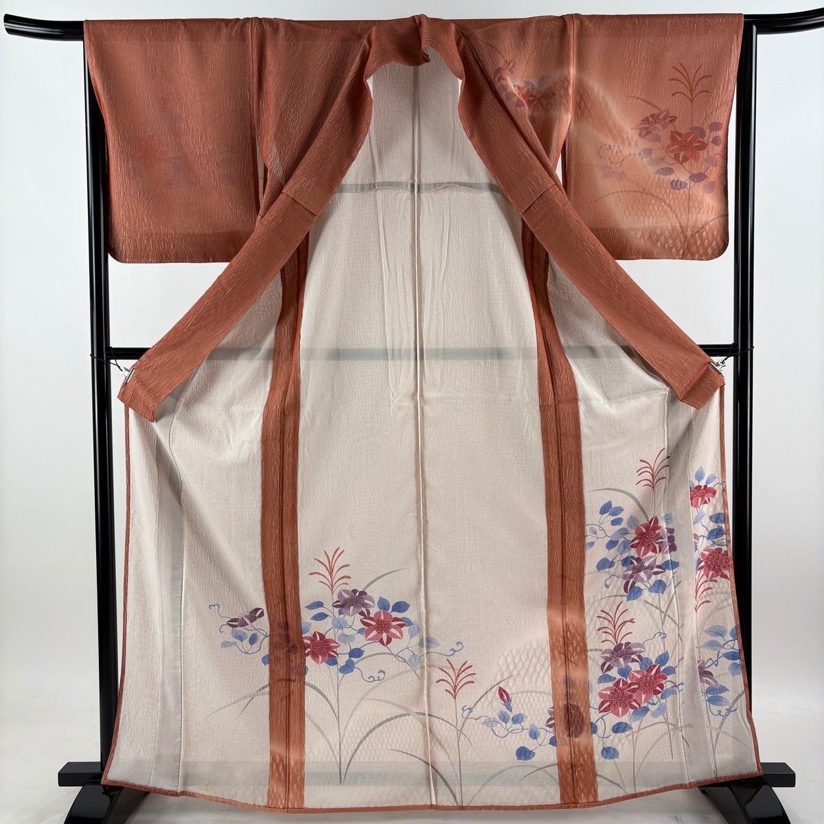 付下げ 身丈166cm 裄丈66cm M 紗絽袷 草花 ぼかし 金彩 赤茶 正絹 名品