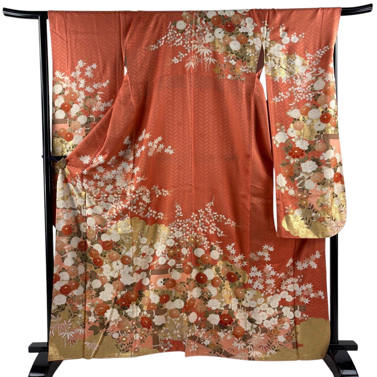 振袖 身丈161.5cm 裄丈63.5cm S 袷 菊 枝梅 金糸 金彩 赤紫 正絹 秀品