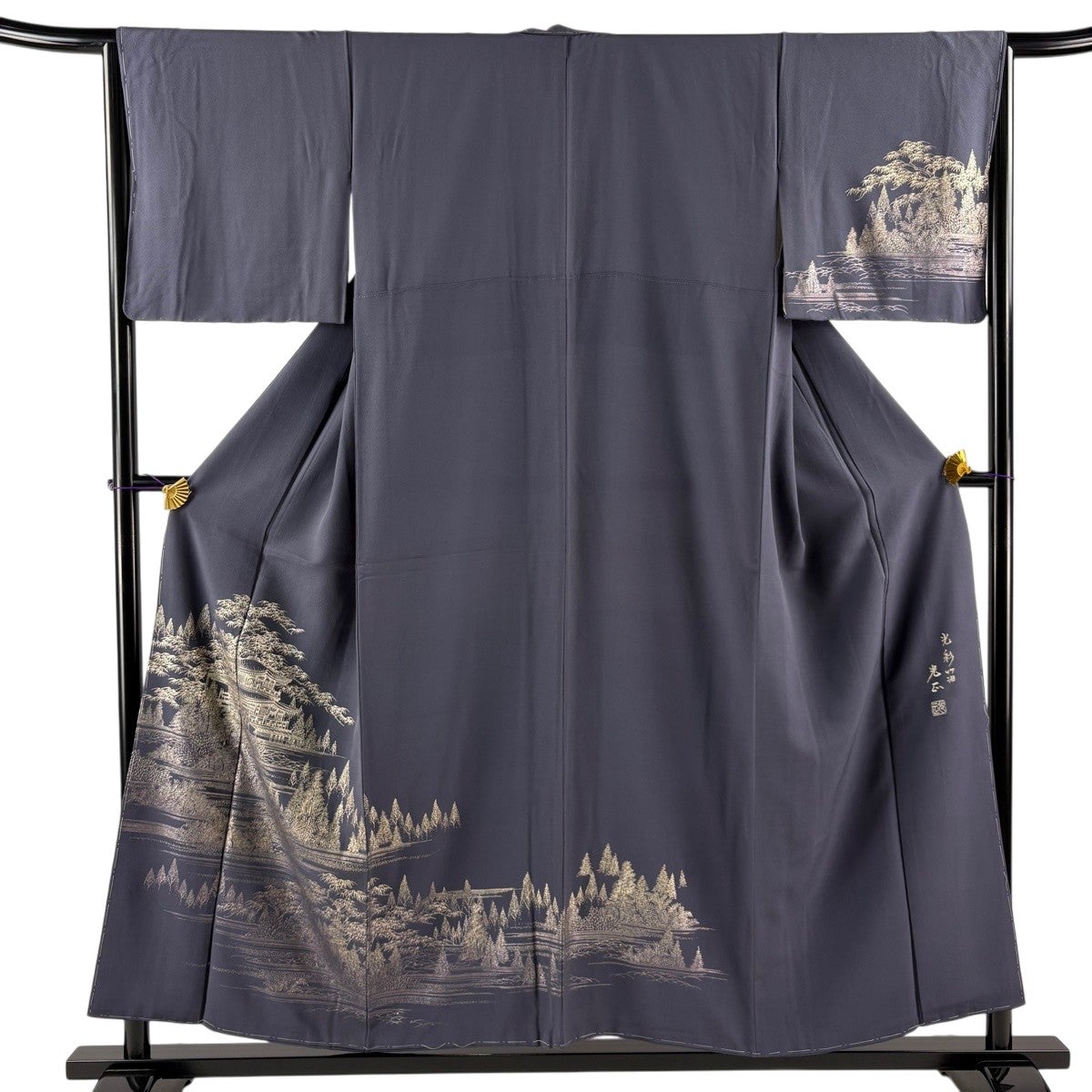 付下げ 身丈154cm 裄丈65.5cm M 袷 和田光正 落款あり 建物 樹木 金彩
