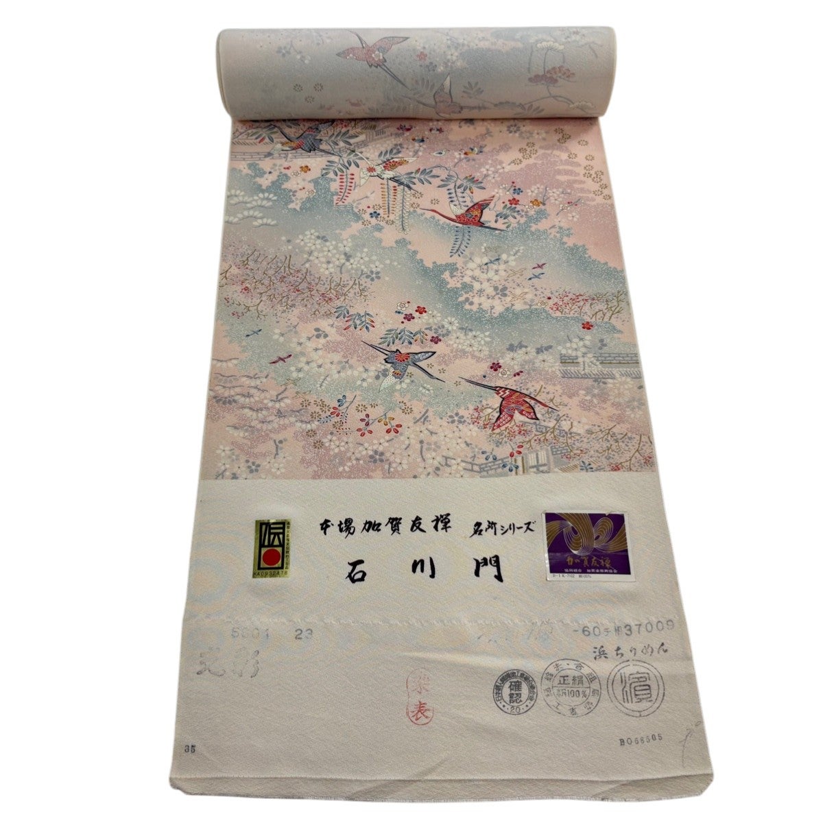 30%OFF 反物 秀品 小紋 鶴 草花 金彩 薄ピンク 正絹 K30｜中古・古着