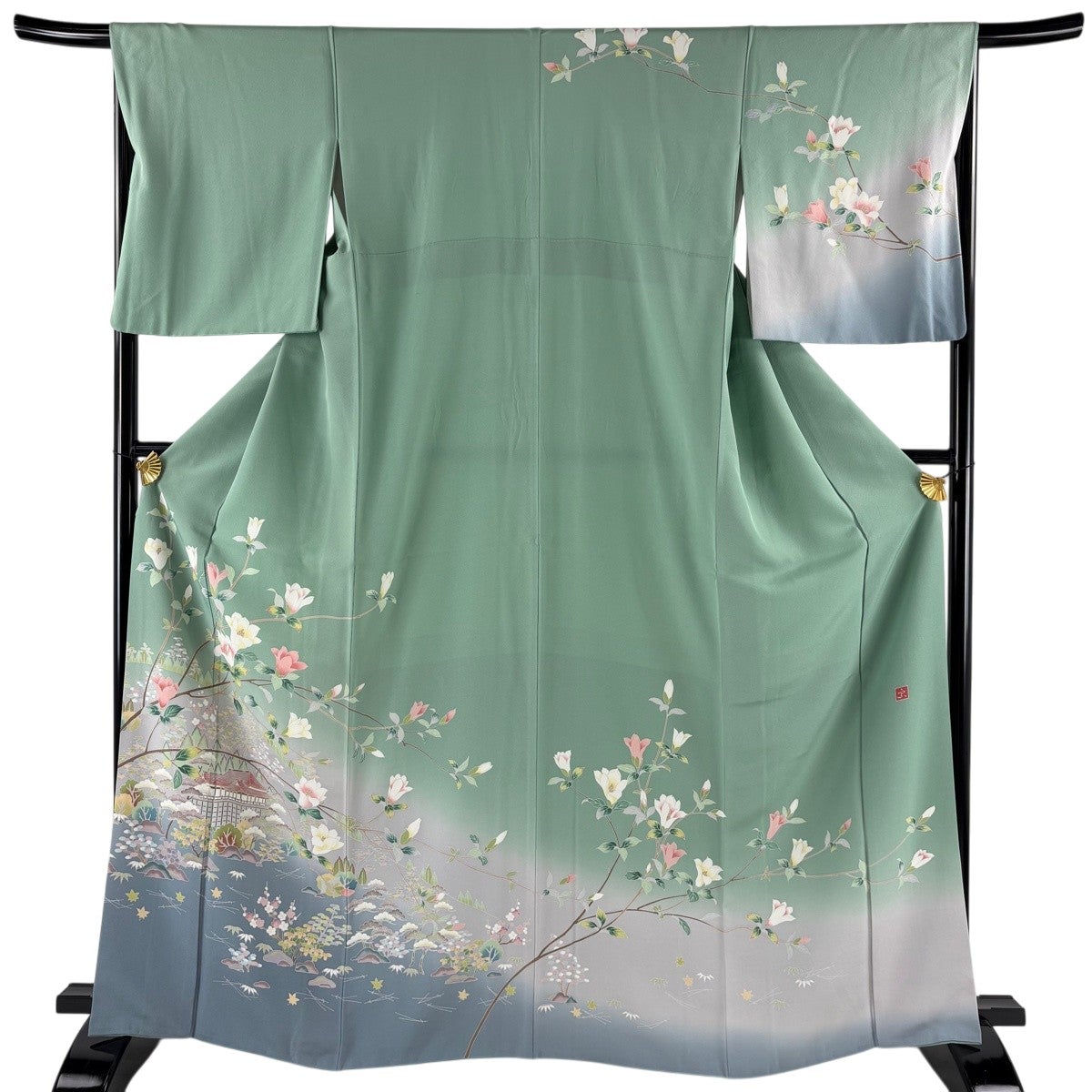 訪問着 身丈161.5cm 裄丈66cm M 袷 落款あり 草花 染め分け 青灰色