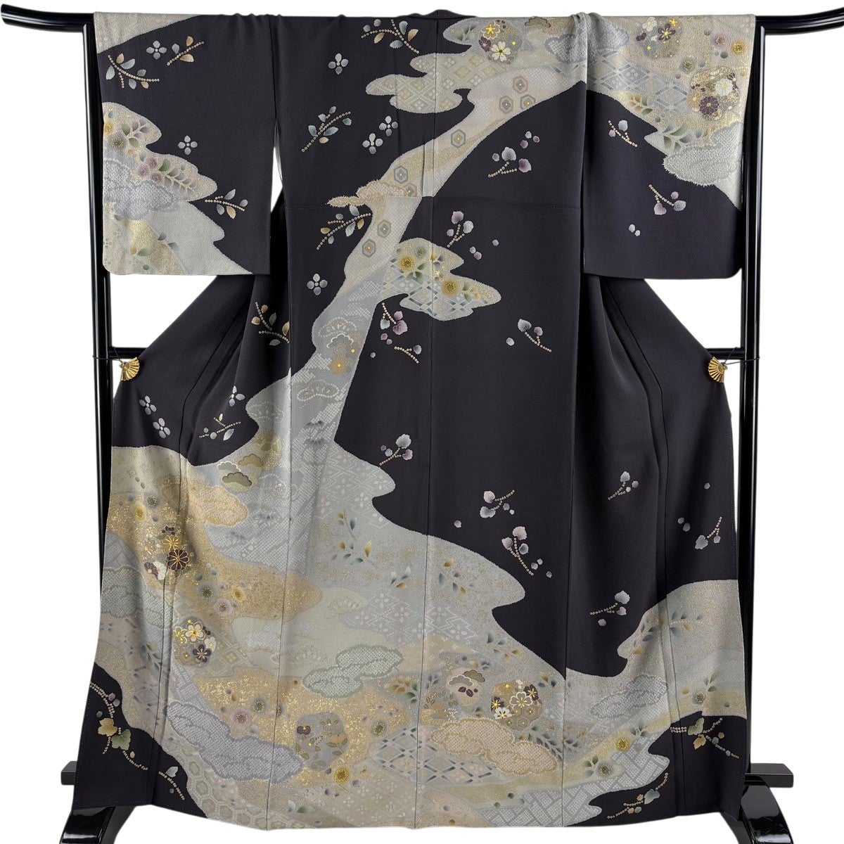 訪問着 身丈166.5cm 裄丈67.5cm L 袷 菊 霞 金糸 金彩 墨色 正絹 名品