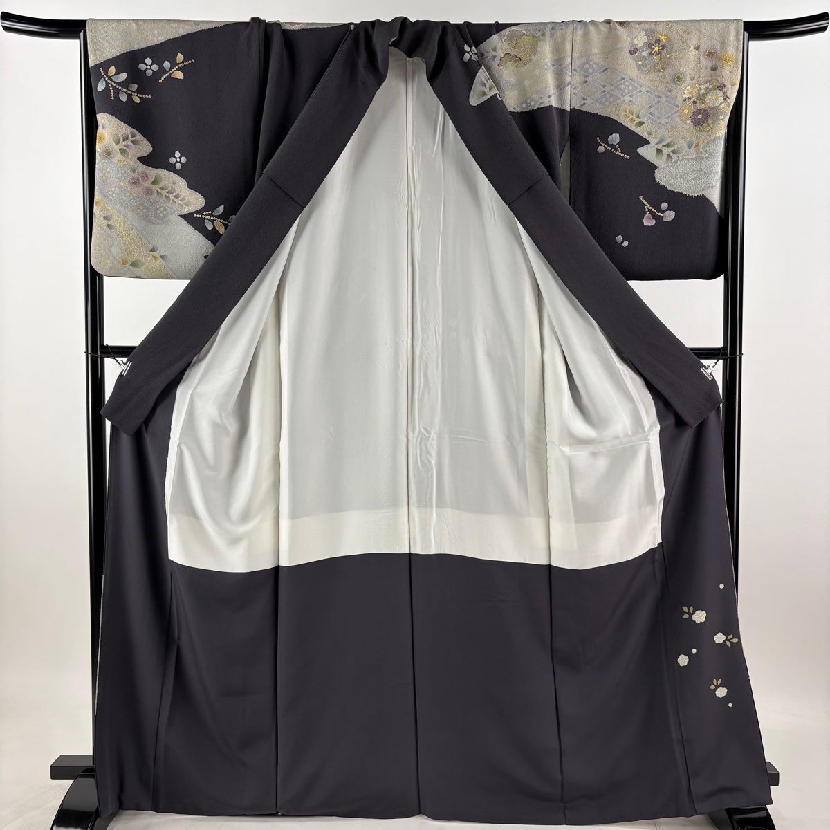 訪問着 身丈166.5cm 裄丈67.5cm L 袷 菊 霞 金糸 金彩 墨色 正絹 名品