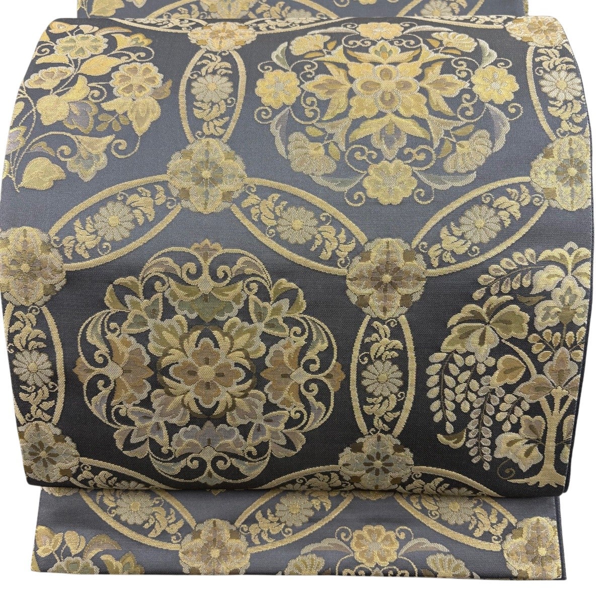 50%OFF 【美品】 袋帯 名品 華文 花唐草 箔 灰色 全通 正絹 K50｜中古