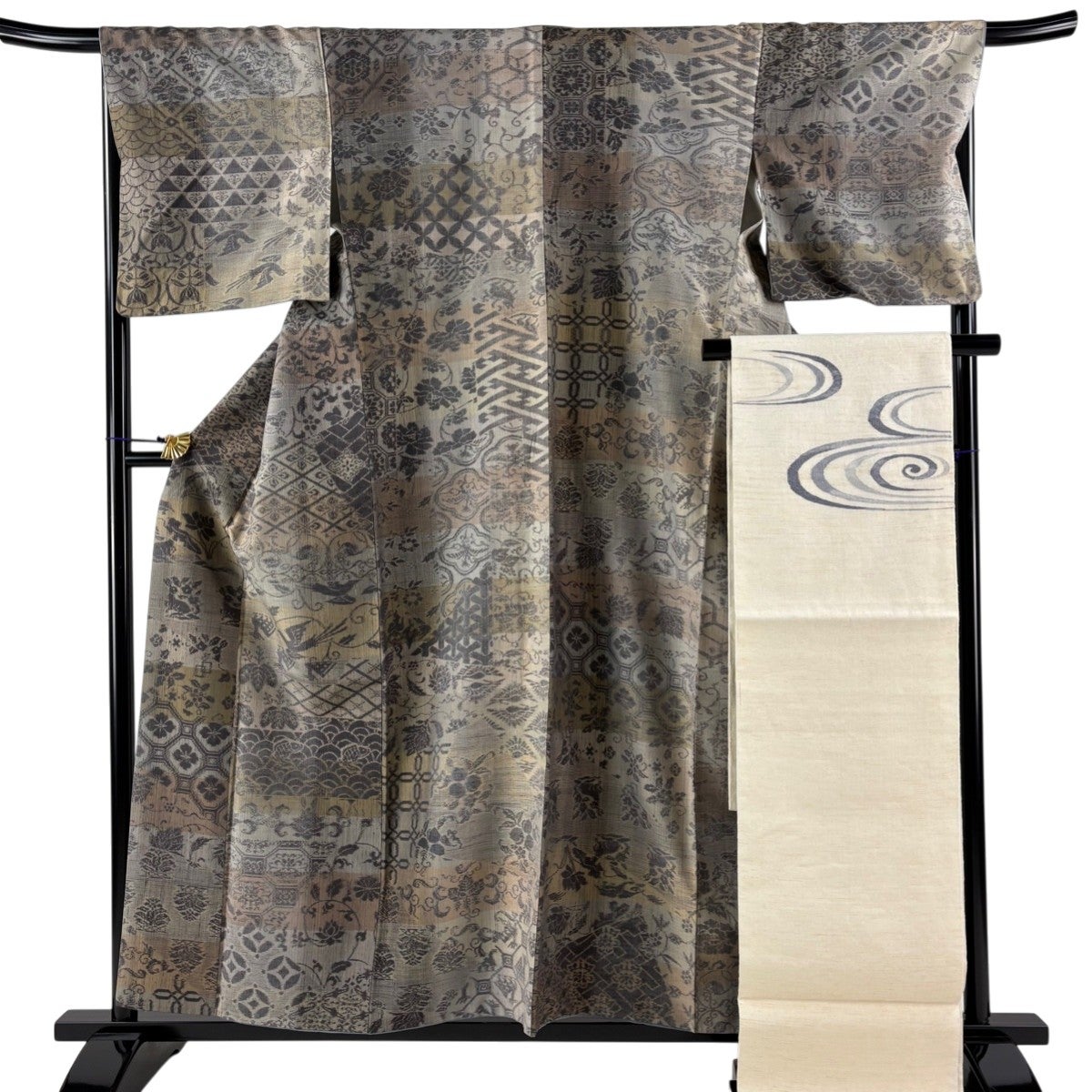 美品】 紬 身丈162cm 裄丈64cm M 袷 袋帯セット 菊 縦縞 墨色 正絹 秀