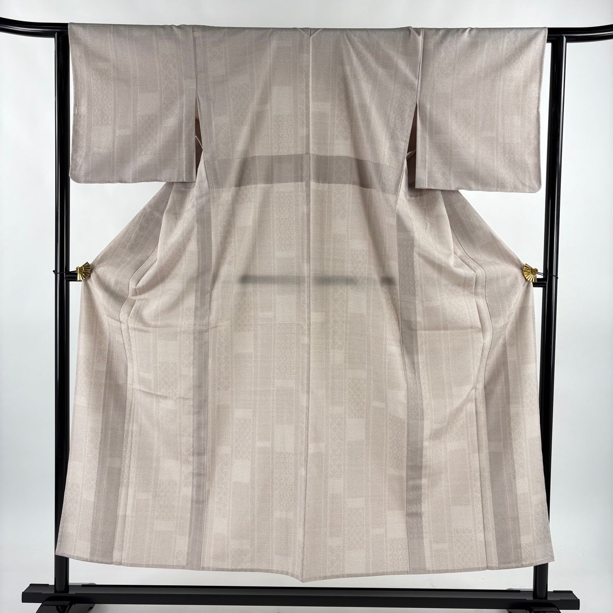 美品】 お召 身丈158cm 裄丈63cm S 単衣 縦縞 灰茶 正絹 逸品｜中古