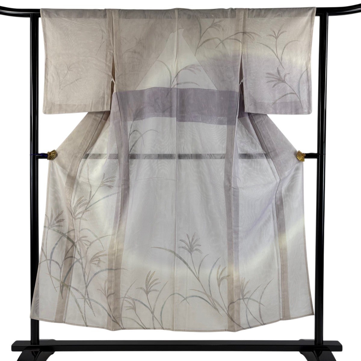 訪問着 身丈150cm 裄丈62cm S 紗袷 すすき 金彩 灰桜 正絹 秀品｜中古