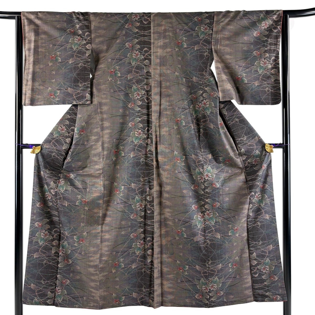美品】 紬 身丈161cm 裄丈64cm M 袷 草花 茶紫 正絹 秀品｜中古・古着