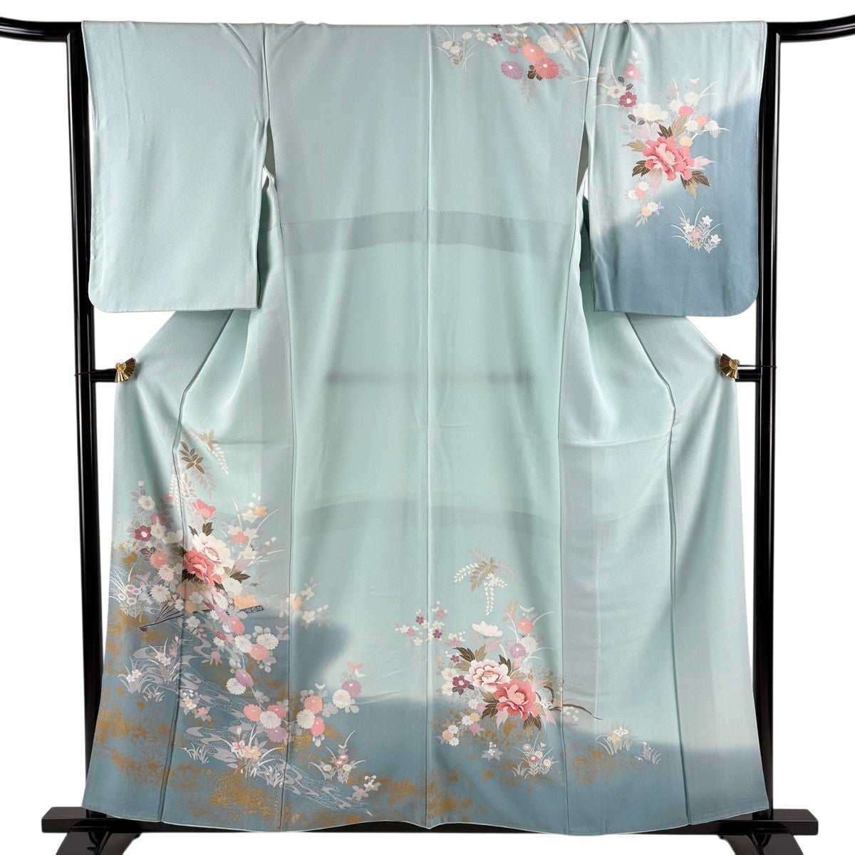 訪問着 身丈158cm 裄丈65cm M 袷 牡丹 扇 金彩 ぼかし 水色 正絹 秀品