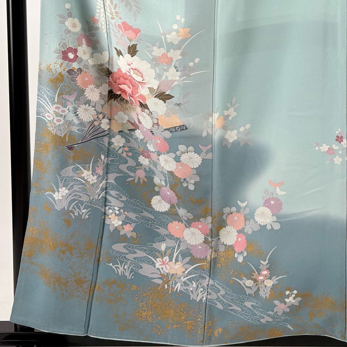 訪問着 身丈158cm 裄丈65cm M 袷 牡丹 扇 金彩 ぼかし 水色 正絹 秀品