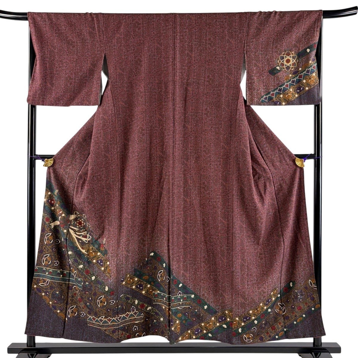 付下げ 身丈153.5cm 裄丈67cm M 袷 草花 華文 金彩 赤紫 正絹 秀品