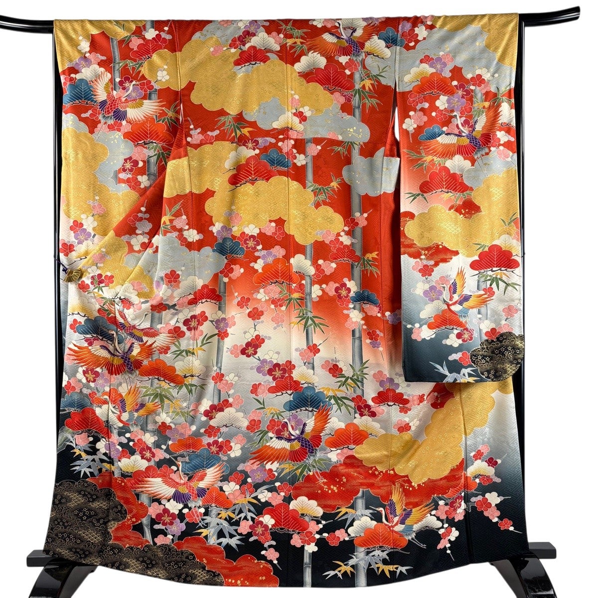 振袖 身丈165.5cm 裄丈66cm M 袷 鶴 松竹梅 金糸 金彩 朱色 正絹 秀品