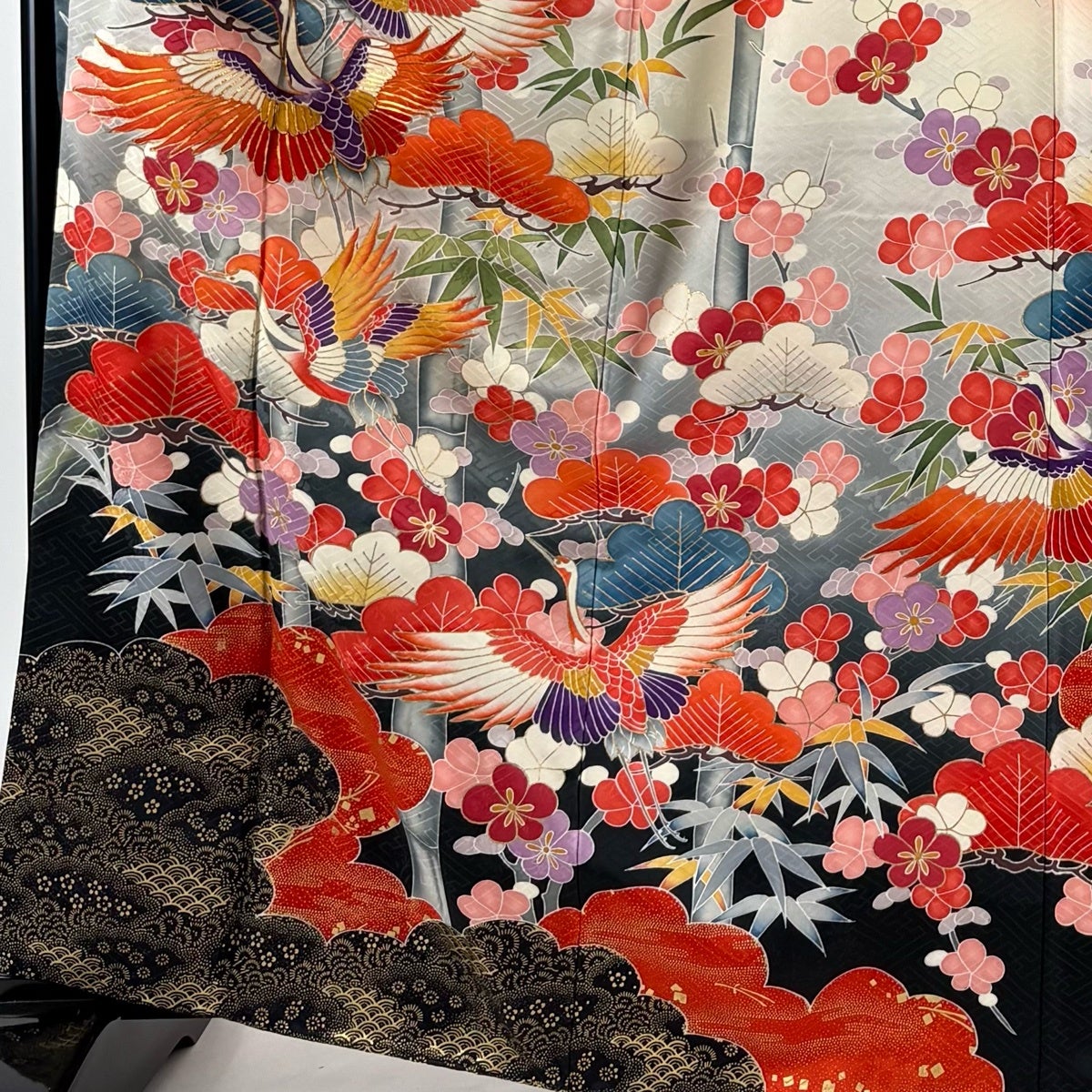 振袖 身丈165.5cm 裄丈66cm M 袷 鶴 松竹梅 金糸 金彩 朱色 正絹 秀品