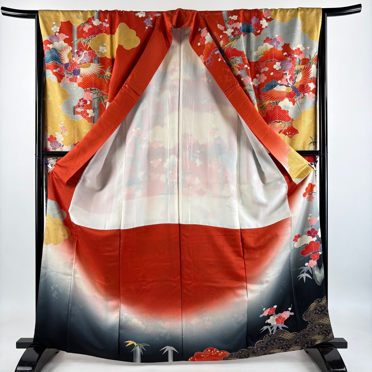 振袖 身丈165.5cm 裄丈66cm M 袷 鶴 松竹梅 金糸 金彩 朱色 正絹 秀品