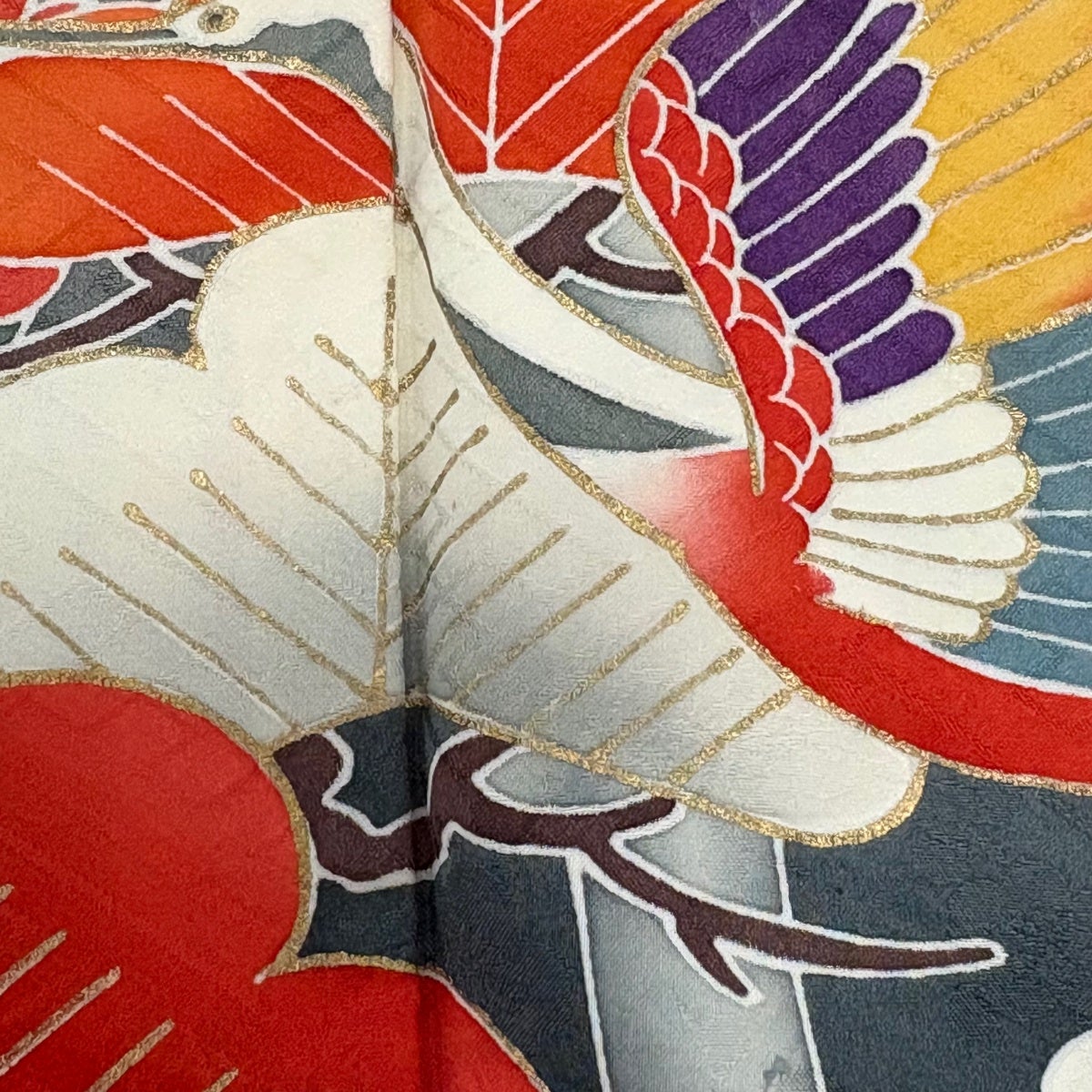 振袖 身丈165.5cm 裄丈66cm M 袷 鶴 松竹梅 金糸 金彩 朱色 正絹 秀品