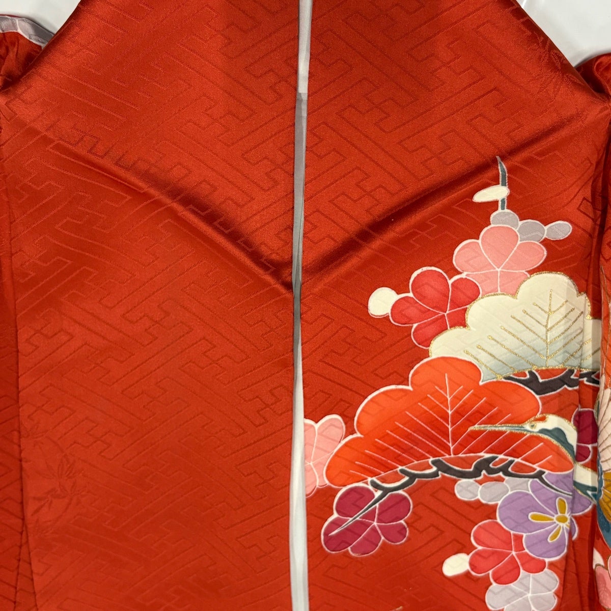 振袖 身丈165.5cm 裄丈66cm M 袷 鶴 松竹梅 金糸 金彩 朱色 正絹 秀品