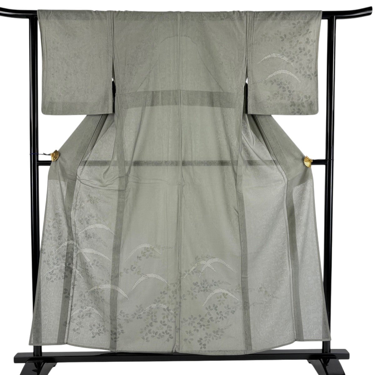 美品】 付下げ 身丈167cm 裄丈68cm L 紗袷 草花 銀彩 薄茶色 正絹 名品