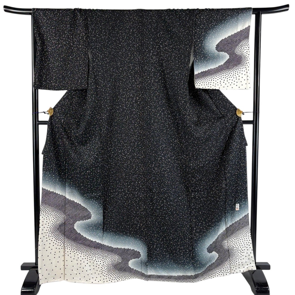 付下げ 身丈164.5cm 裄丈68cm L 袷 紬地 縦縞 幾何学模様 黒灰 正絹 秀
