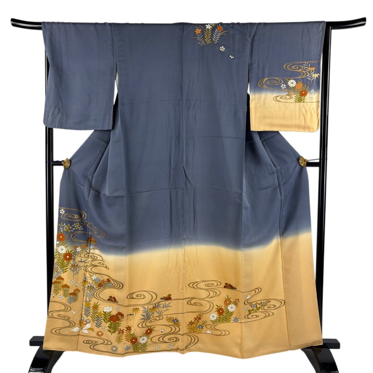 訪問着 身丈161.5cm 裄丈66.5cm M 薄物 絽 竹 秋草文 金銀彩 ぼかし 青