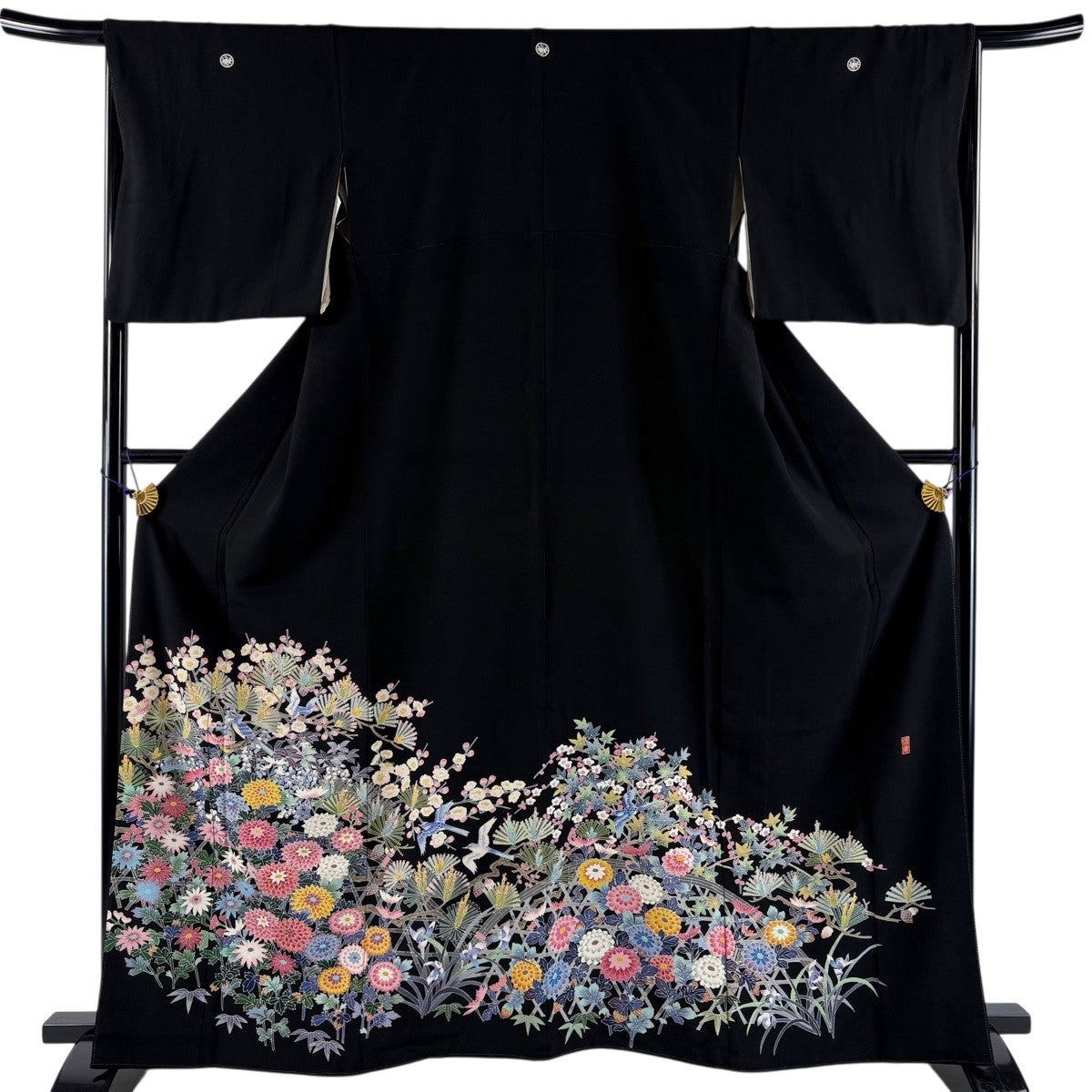 黒留袖 身丈161cm 裄丈67cm M 袷 落款あり 松竹梅 花鳥 黒 正絹 秀品