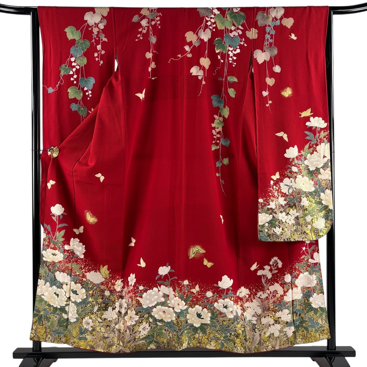 振袖 身丈156cm 裄丈63.5cm S 袷 蝶 牡丹 金彩 赤 正絹 秀品｜中古