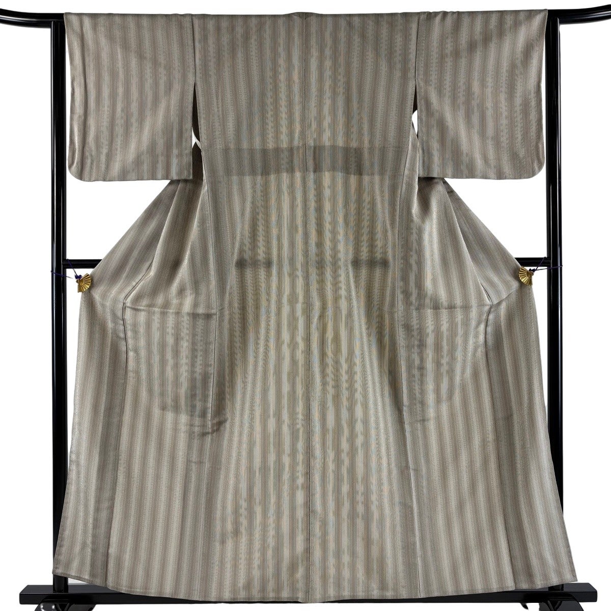 美品】 紬 身丈158cm 裄丈63cm S 単衣 縦縞 灰茶 正絹 秀品｜中古