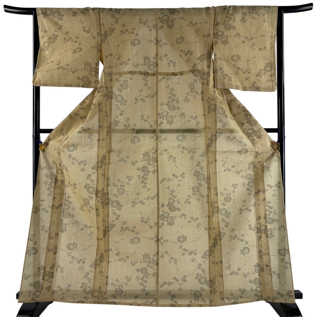 美品】 小紋 身丈166cm 裄丈65cm M 単衣 紬地 菊 草花 薄茶色 正絹 秀