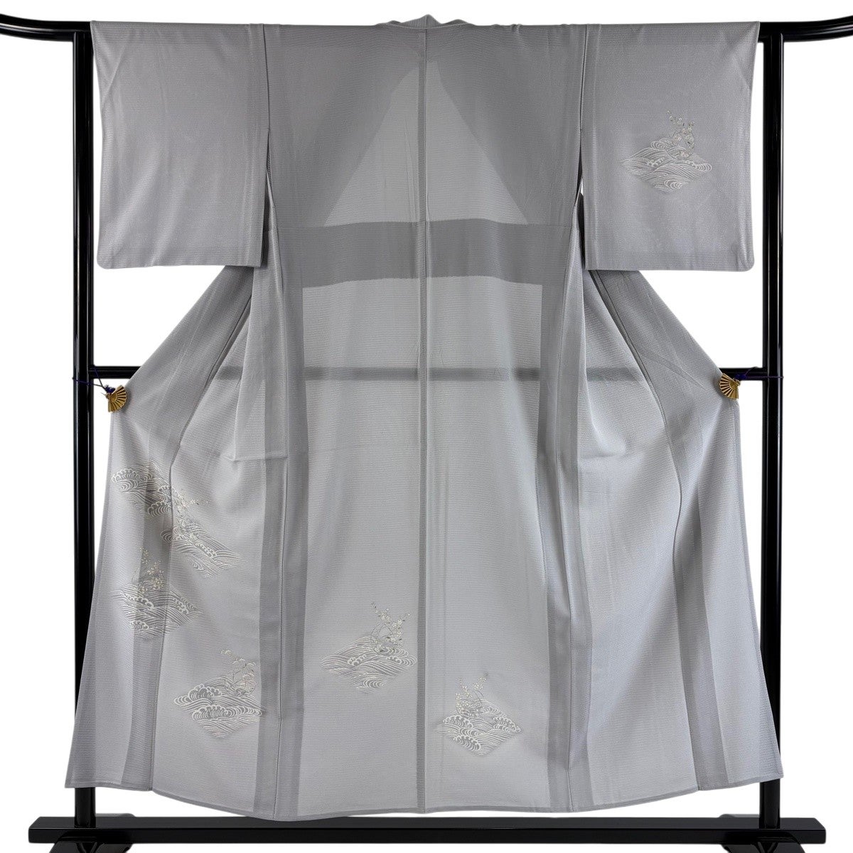 付下げ 身丈152cm 裄丈62cm S 薄物 絽 草花 波頭 金彩 灰紫 正絹 秀品