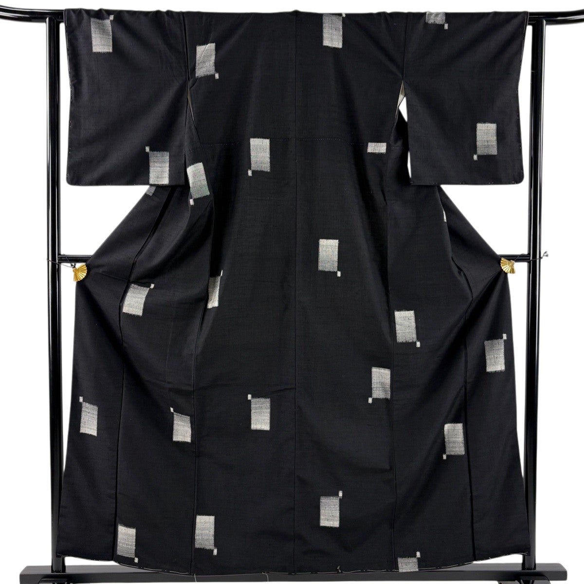 美品】 紬 身丈153.5cm 裄丈63.5cm S 袷 格子 幾何学 深緑 正絹 優品