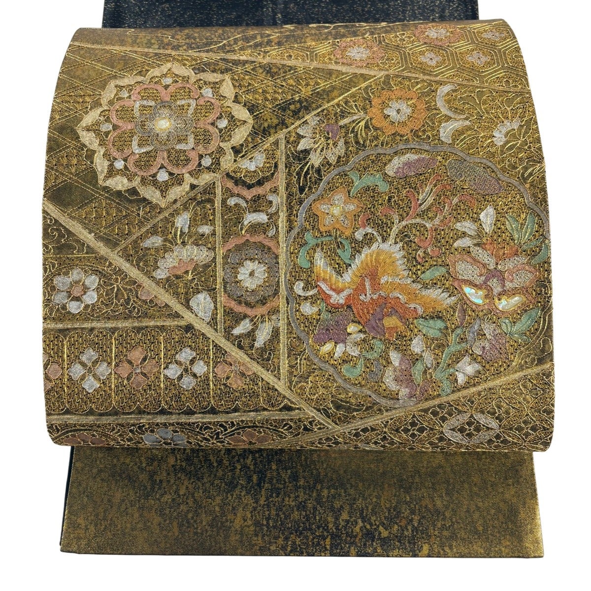 袋帯 お太鼓柄 華文 金色 秀品 螺鈿 正絹 金彩 名品 美品 中古 鳳凰