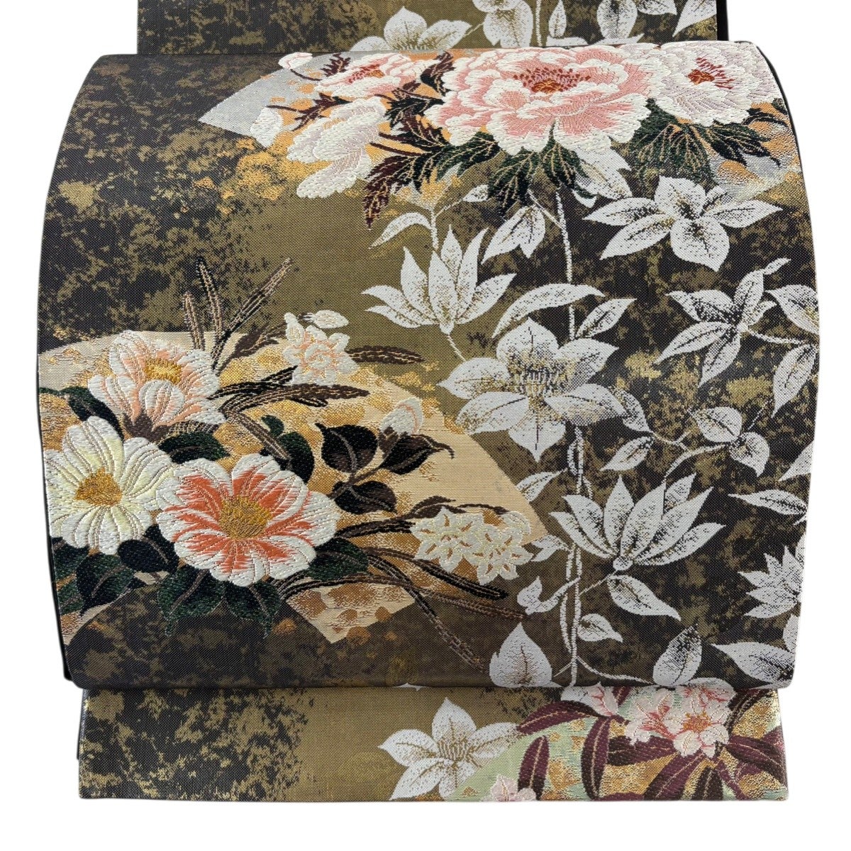 美品】 袋帯 秀品 扇面 牡丹 箔 金茶 六通 正絹｜中古・古着