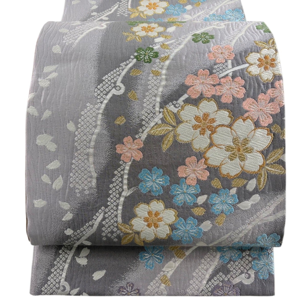美品】 袋帯 秀品 桜 雪輪 唐織 箔 薄紫 六通 正絹｜中古・古着