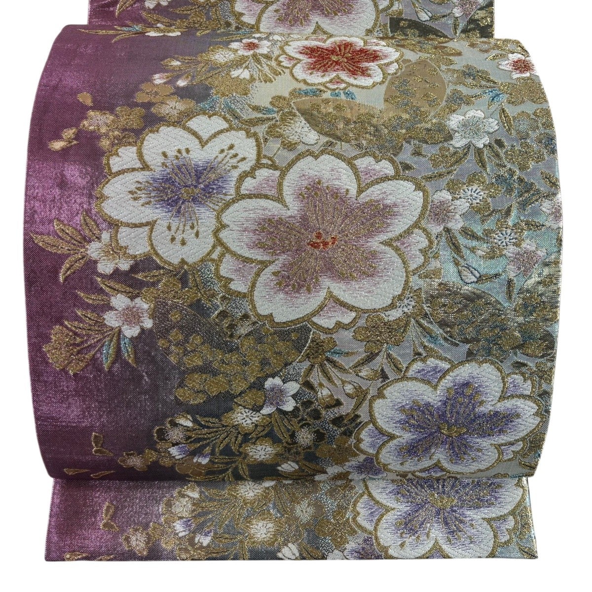 AA52 美品袋帯 六通柄 唐織　蝶　松　藤金通 金糸　花柄 蝶 振袖向き　正絹 美品】 袋帯 秀品 桜 蝶 唐織 金糸 ピンク 六通 正絹｜中古・古着
