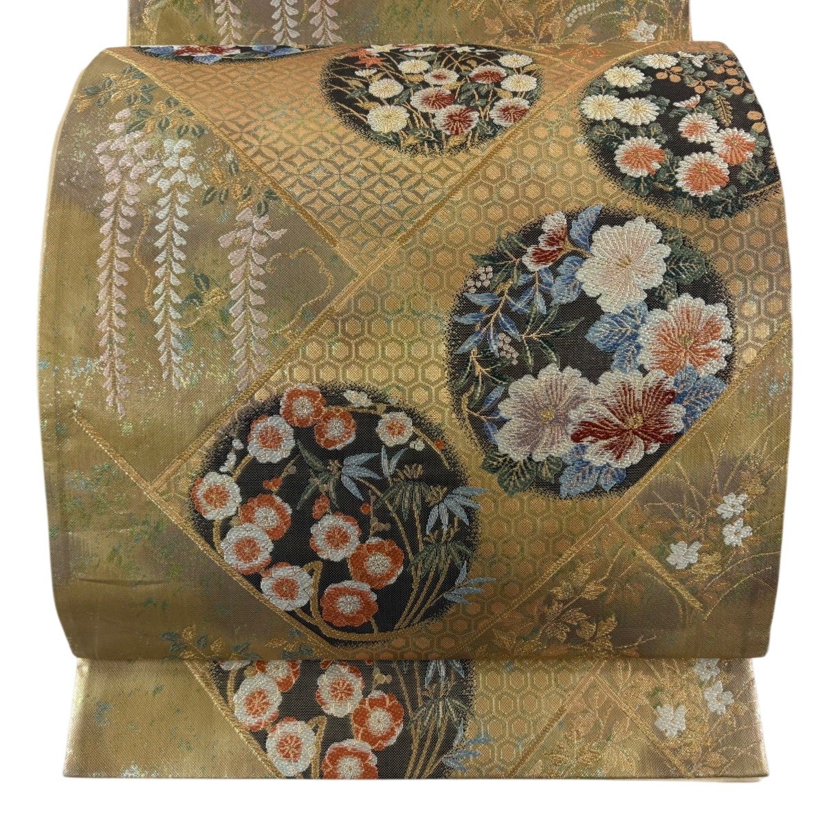 美品】 袋帯 秀品 吟遊辻が花龍田川文 辻が花 うさぎ 箔 唐織 灰緑 六