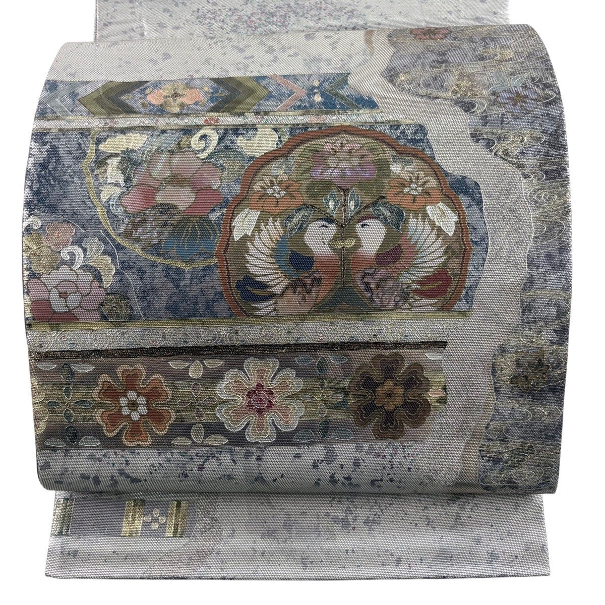 70%OFF 袋帯 秀品 菊 笹 金彩 螺鈿箔 銀色 お太鼓柄 正絹 K70｜中古