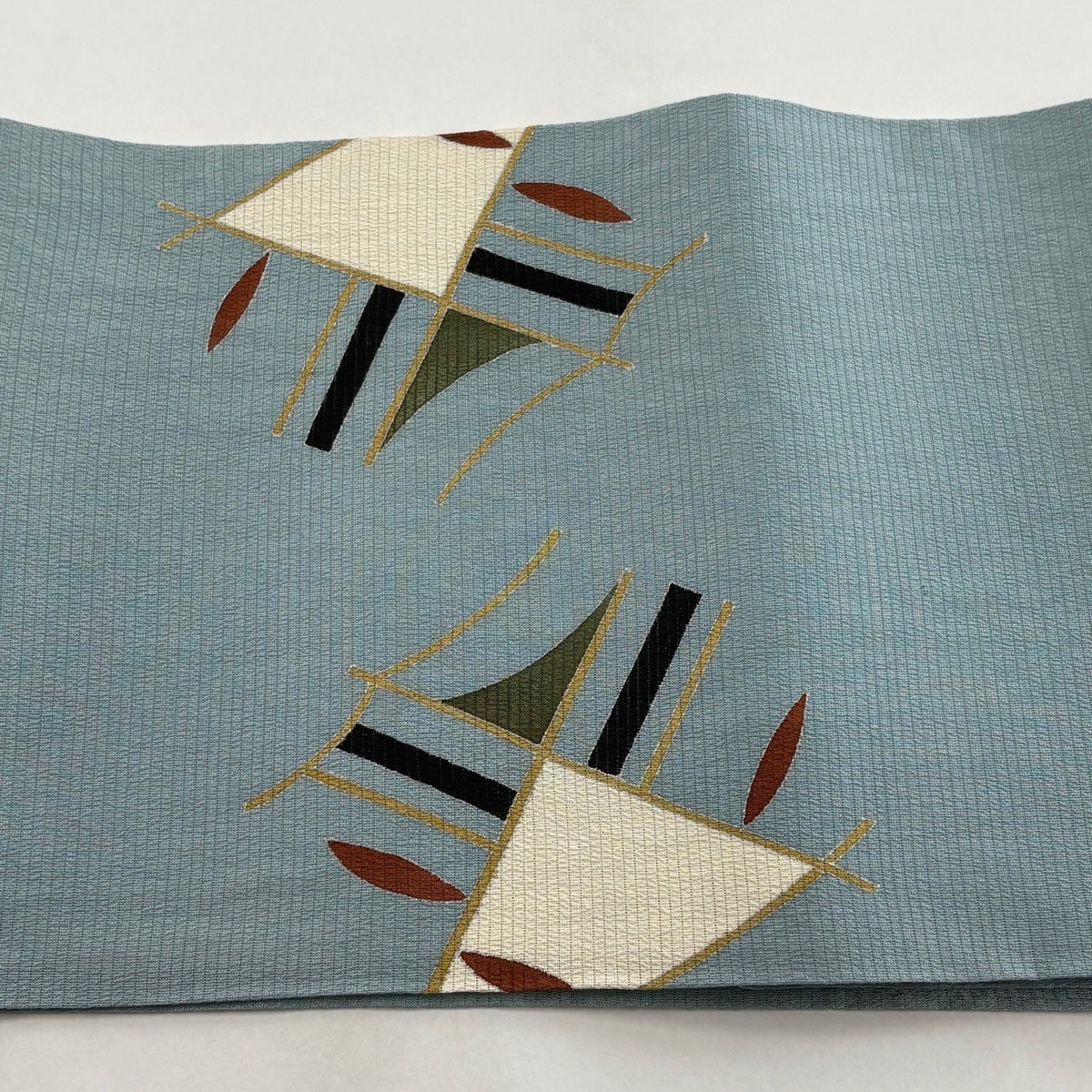 開き名古屋帯 秀品 夏帯 絽 幾何学模様 銀彩 青灰色 正絹｜中古・古着