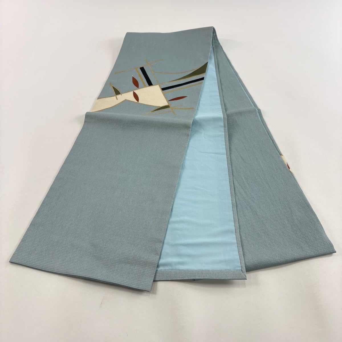 開き名古屋帯 秀品 夏帯 絽 幾何学模様 銀彩 青灰色 正絹｜中古・古着